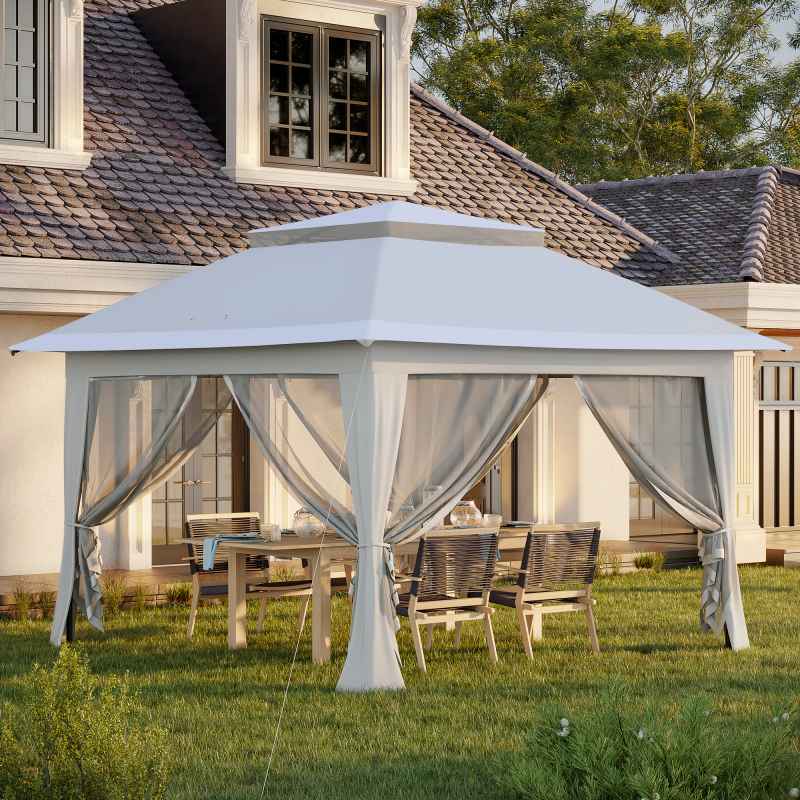 Outsunny 3.6 x 3.6 m Pop up Gazebo with Netting and Wheeled Carry Bag, UPF50+ Height Adjustable Party Tent Instant Canopy Sun Shade Shelter, Light Grey