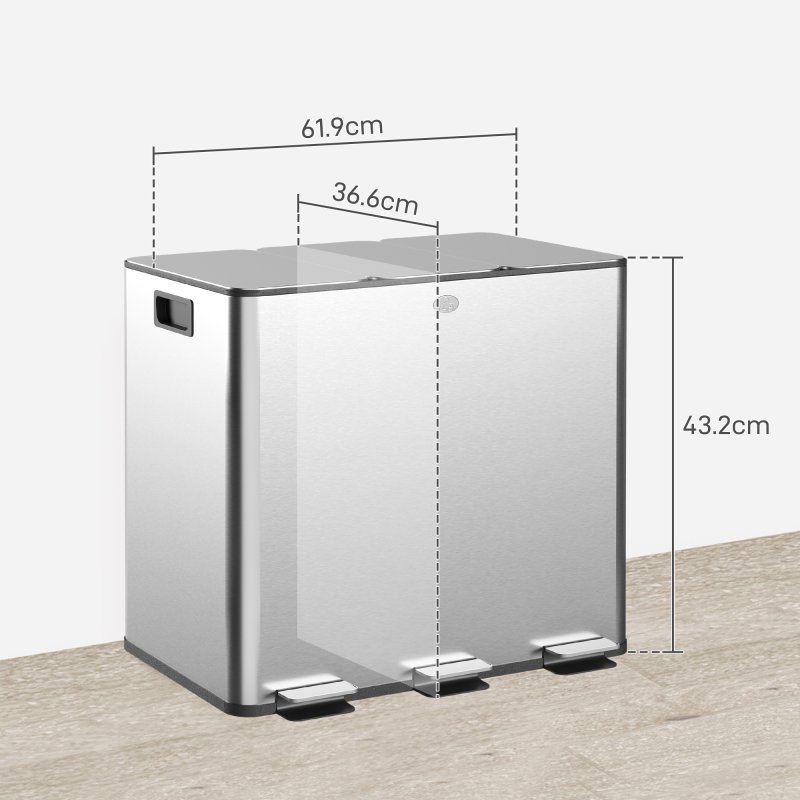 HOMCOM Triple Kitchen Bin, 3 x 15L Pedal Bin, Stainless Steel Three Rubbish Bin with Removable Inner Buckets, Soft Close Lid, Fingerprint-Proof for Recycling and Waste