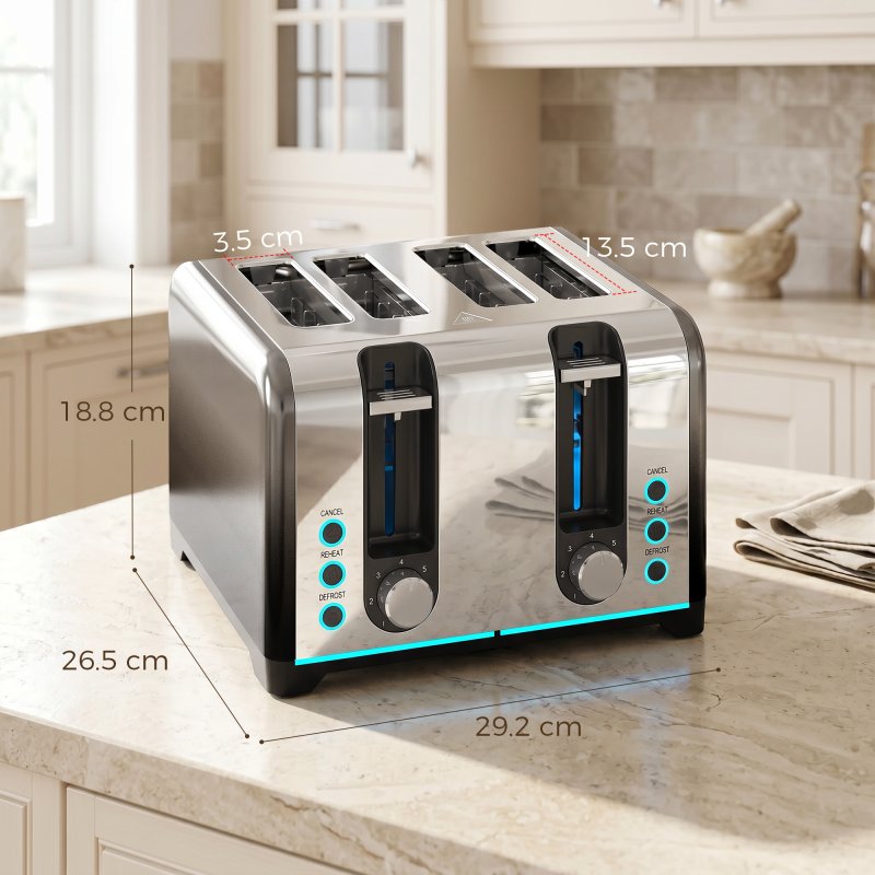HOMCOM 4 Slice Toaster with 7 Browning Levels, Reheat, Defrost and Cancel Functions, Self-Centring Slots, Auto Shut-Off, Removable Crumb Tray, 1860W, Black