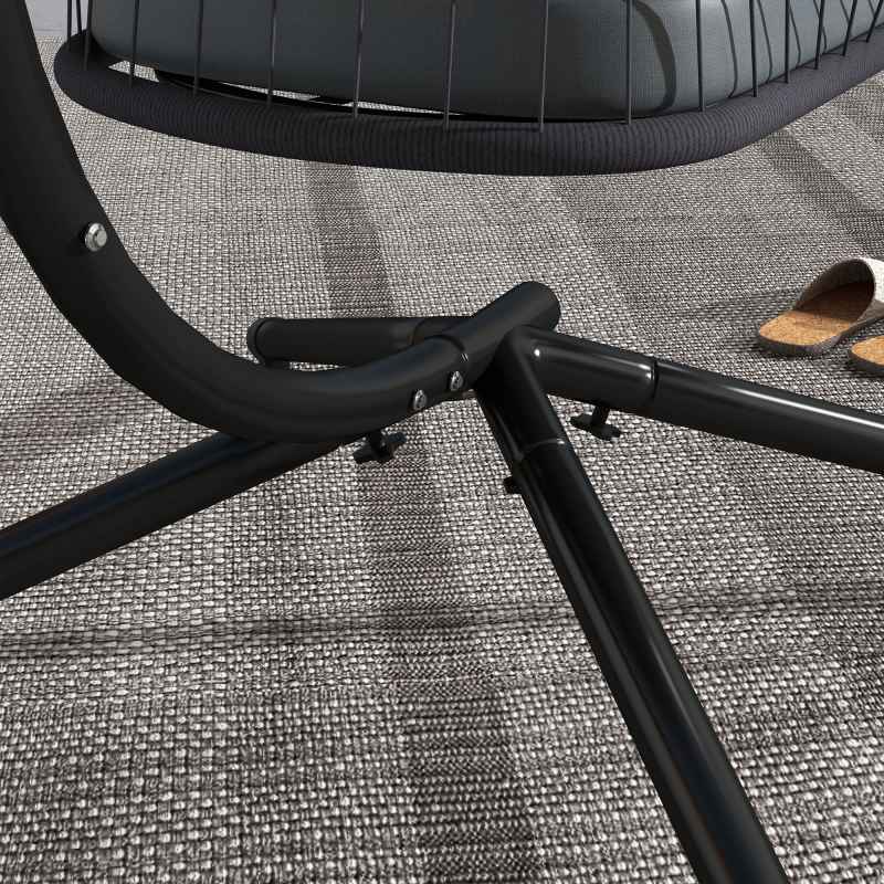 Outsunny Outdoor PE Rattan Swing Chair with Cushion, Foldable Basket Patio Hanging Chair with Metal Stand, 360 degree Rotation Spring Hook, Basket Height Adjust with Metal Chain, Grey