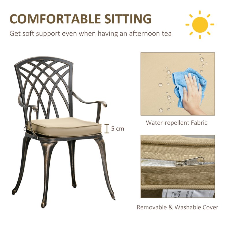 Outsunny 3 Piece Cast Aluminium Garden Bistro Set for 2, Outdoor Coffee Table Set Rust Resistant with Parasol Hole, Cushions, Patio Table and Chairs for Garden, Balcony, Bronze Tone