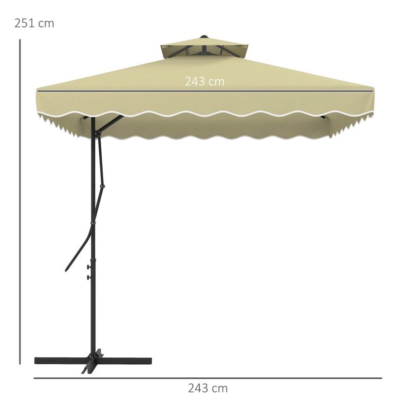 Outsunny 2.5m Cantilever Parasol with Easy Lever, Square Double Top Garden Parasol Umbrella with Ruffles and Cross Base, Overhanging Outdoor Sun Shades, Beige