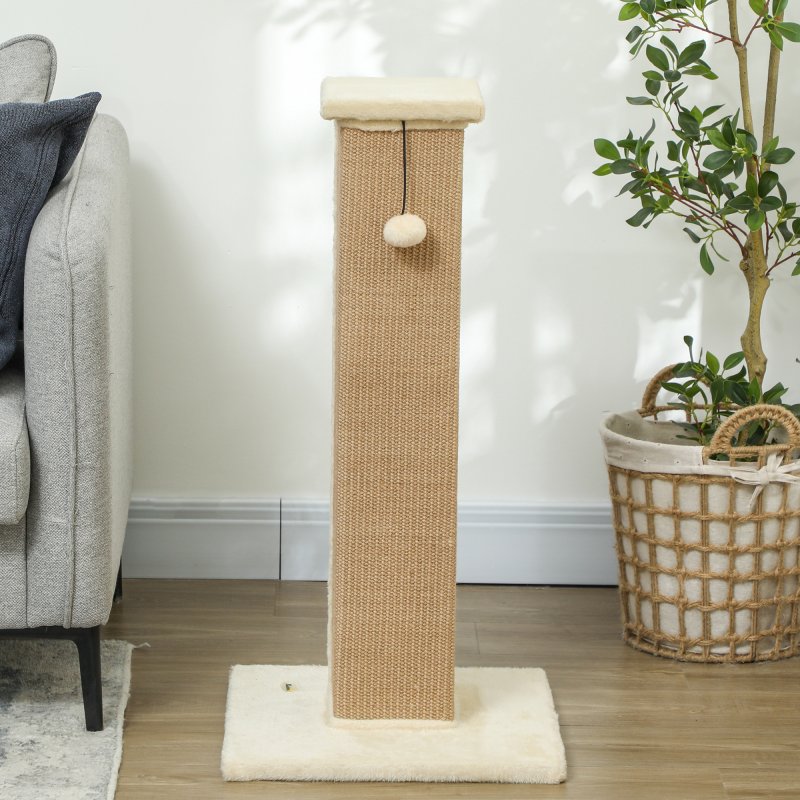 PawHut Cat Scratching Post for Indoor Cats, 81cm Cat Scratcher, Vertical Full Scratcher with Natural Jute Rope, Hanging Ball and Soft Plush, Beige