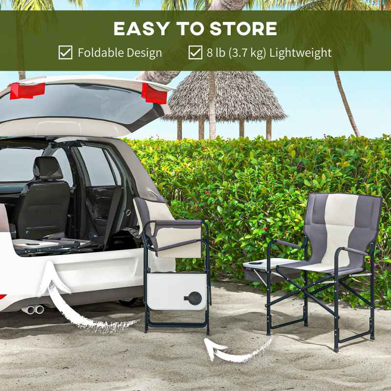 Outsunny Aluminium Directors Chair, Folding Camping Chair for Adults with Side Table, Cup Holder, Cooler Bag and Pocket, Up to 120 kg, Grey
