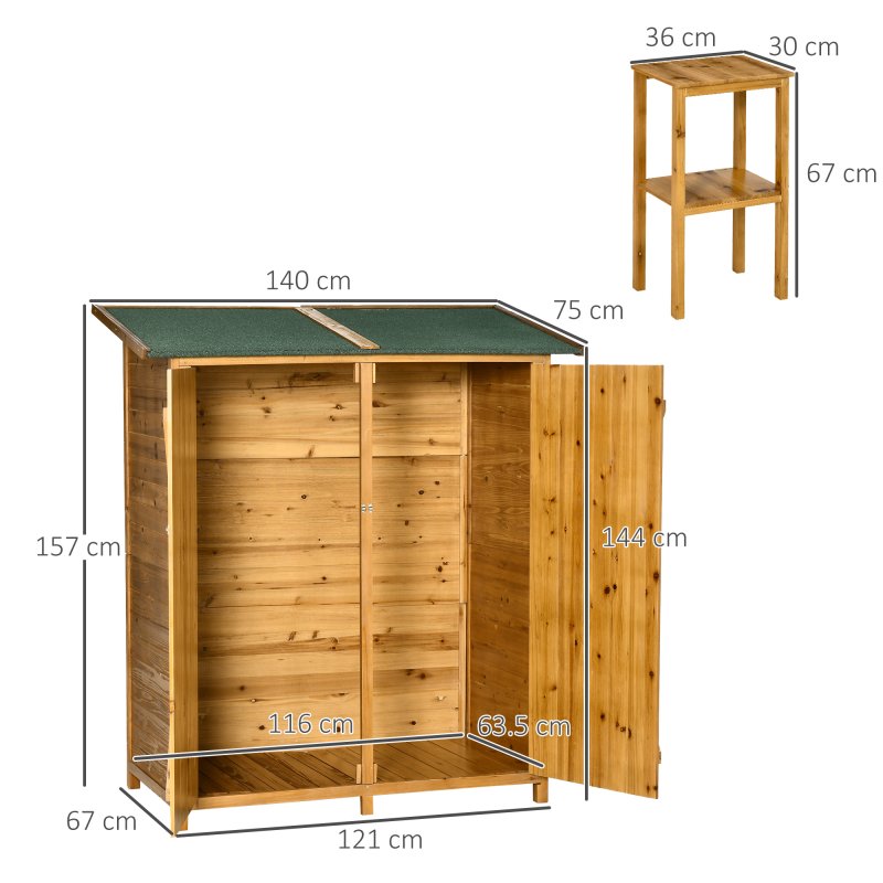 Outsunny Small Shed, Wooden Garden Shed with Flexible Table, Hooks and Ground Nails, Lockable Tool Shed with Asphalt Roof, 140 x 75 x 157cm, Natural