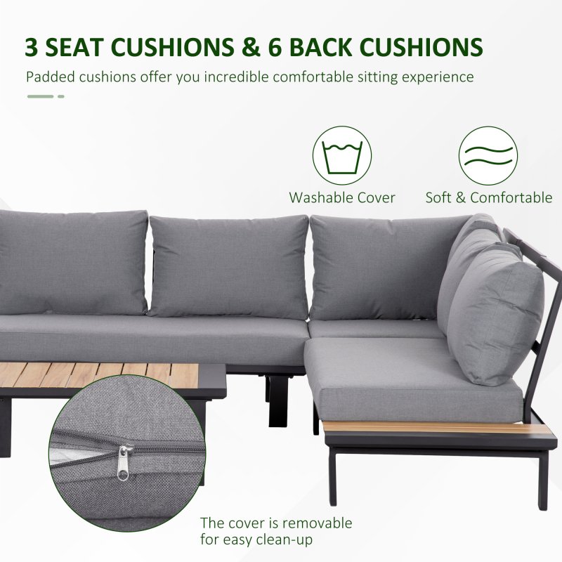 Outsunny 4 Pieces Aluminium Garden Furniture Sets with Thick Padded Cushion, 5 Seater Outdoor L Shape Corner Sofa Conversation Set, w/ Coffee Table and Sofa Side Table for Patio, Deck, Dark Grey