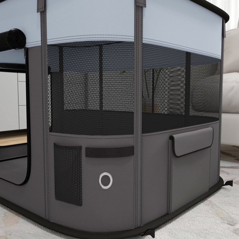 PawHut Dog Pen, Pet Playpen, Portable Foldable Dog Cat Playpen Soft Pet Cage with Storage Bag for Puppies, Rabbits, Kittens, Guinea Pigs, 94 x 74 x 60cm - Grey