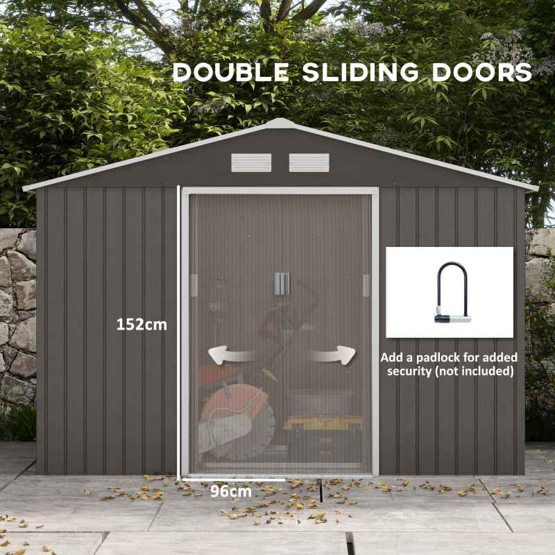 Outsunny 9 x 6ft Metal Garden Shed, Outdoor Storage Tool House with Ventilation Slots, Foundation Kit and Lockable Double Doors, Grey