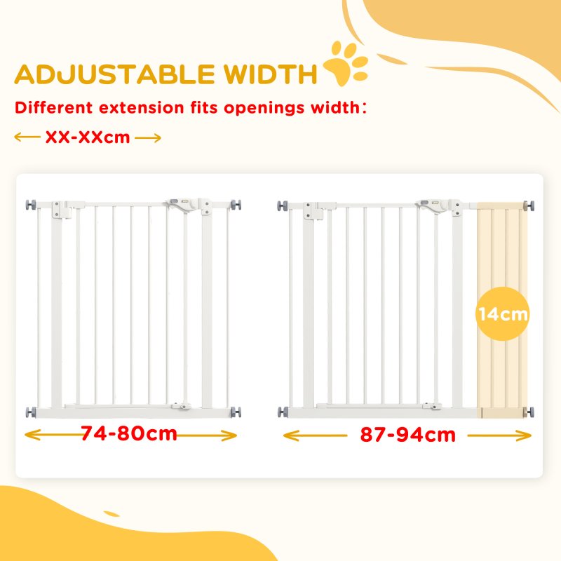PawHut Dog Gate Stair Gate Pressure Fit Pets Barrier Auto Close for Doorway Hallway, 74-94cm Wide Adjustable, White