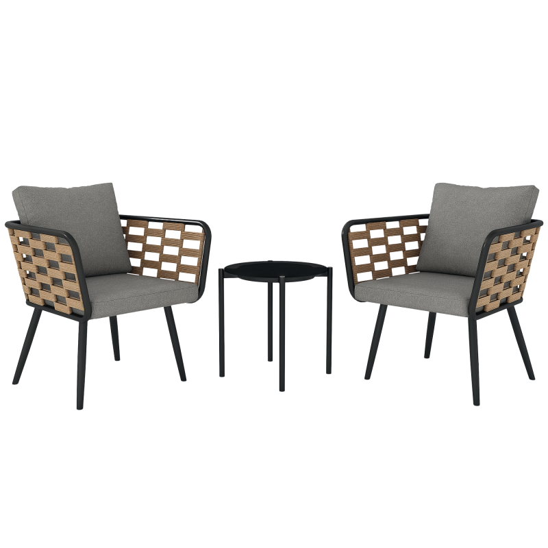 Outsunny 3 Pieces Rattan Bistro Set, Wicker Garden Furniture Set with Washable Seat and Back Cushions, Glass Top Coffee Table, for Outdoor, Patio, Black