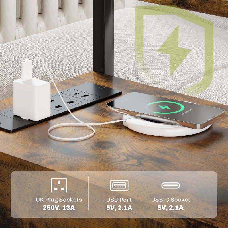 HOMCOM Side Table with Charging Station, USB Ports and Power Outlets, Narrow Bedside Table with 2 Drawers and Shelf for Living Room, Bedroom, Rustic Brown