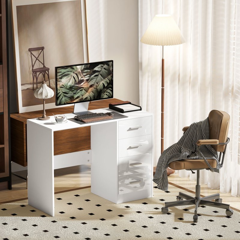 HOMCOM Computer Desk with Drawers, Dressing Table, High Gloss Home Office Writing Workstation, White