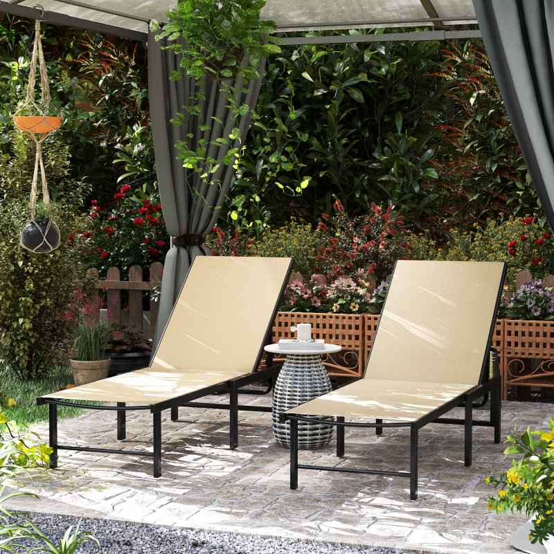 Outsunny Sun Loungers for Garden Set of 2, 5-Level Adjustable Reclining Sun Lounger Chairs, Flat Garden Lounger Sunbed with Texteline Seat, Steel Frame for Patio, Beach, Khaki