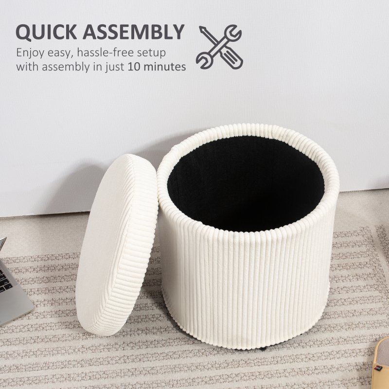 HOMCOM 40cm Round Storage Ottoman, Corduroy Footstool with Removable Lid and Legs, Vanity Stool for Living Room, Bedroom