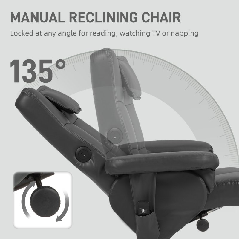 HOMCOM Massage Recliner Chair with Footstool, Upholstered Armchair with Adjustable Backrest, Remote Control, Hidden Storage and Charger for Living Room, Bedroom, Black
