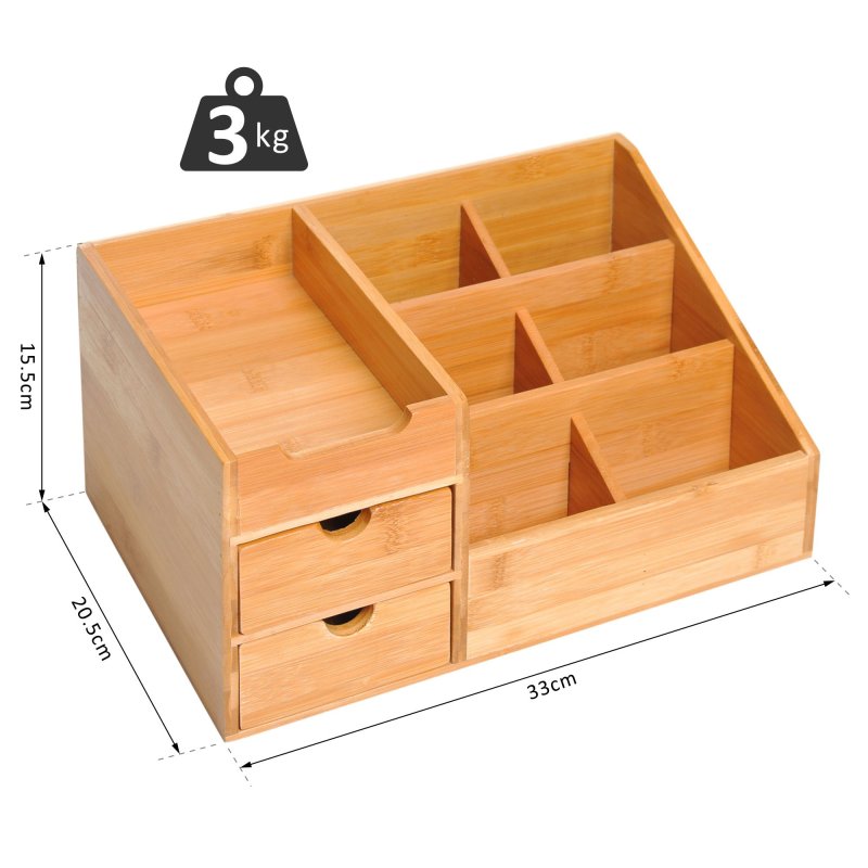HOMCOM Desk Organiser Holder, Bamboo Multi-Function Storage Caddy with 7 Storage Compartments and 2 Drawers for Home Office Stationary Supplies