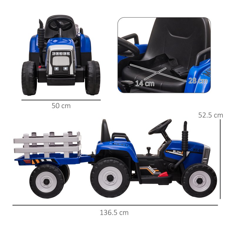 HOMCOM Electric Ride on Tractor 12V Kids Electric Car with Detachable Trailer Remote Control, Music, Horn, Lights, Start-Up Sound, for Ages 3-6 Years - Blue