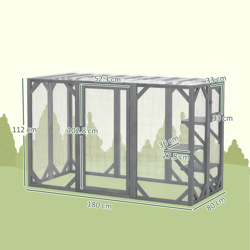 Pawhut Wooden Cat House 71" Catio Outdoor Cat Enclosure with 3 Platforms Large Door