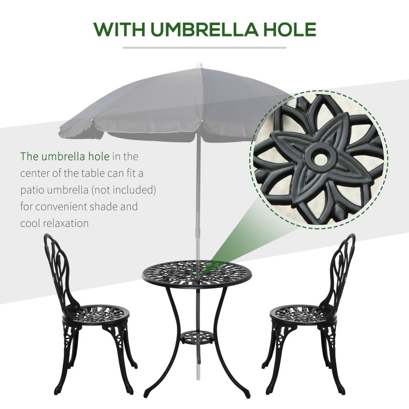 Outsunny 3 Piece Patio Bistro Set, Outdoor Aluminium Garden Table and Chairs with Umbrella Hole for Balcony, Black