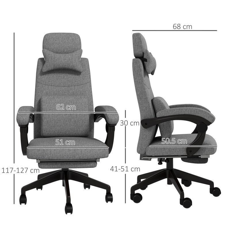 Vinsetto Office Chair, Ergonomic Desk Chair, High Back Fabric Work Chair with 160° Reclining Backrest, Retractable Footrest, Neck and Lumbar Pillow for Home and Study, Dark Grey