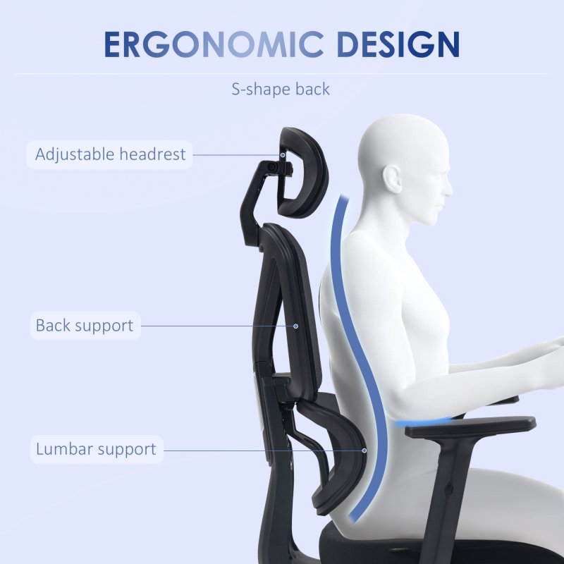 Vinsetto Ergonomic Office Chair, Mesh Swivel Desk Chair with Lumbar Support, Padded Seat, Adjustable Height and Headrest for Home Office, Black