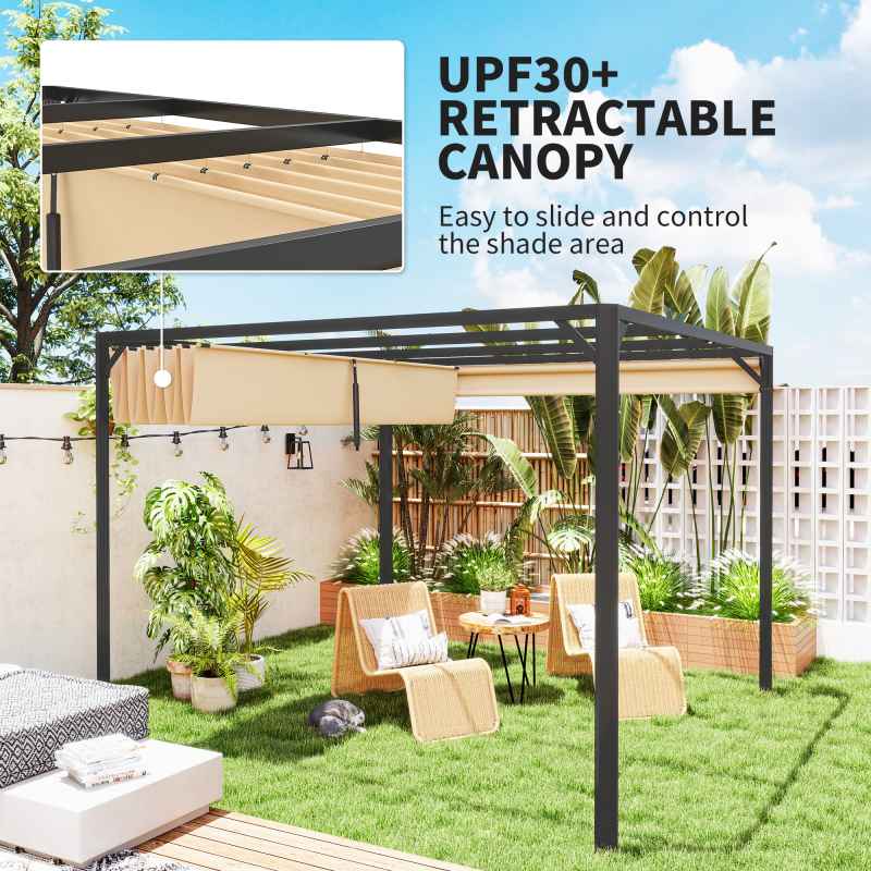 Outsunny 3 x 3(m) Garden Pergola with Retractable Roof Canopy, Aluminium Pergola Kit Gazebo with Roller Shade, UPF30+ Sun Shade Shelter for Porch, Khaki