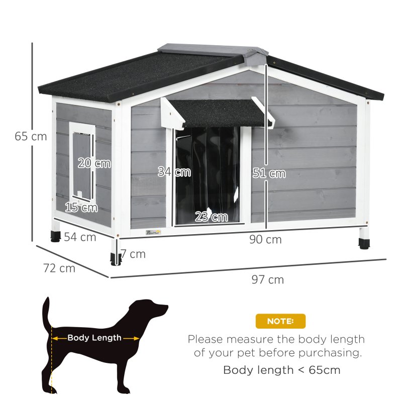 PawHut Wooden Dog Kennel Outdoor, Elevated Dog House for Outside, with Openable Top, Asphalt Roof, Windows, Curtain, Removable Tray, Adjustable Legs, 65H x 97L x 72Wcm, Grey