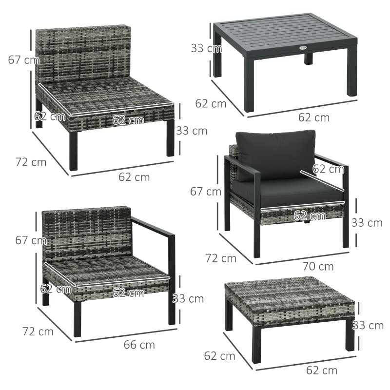 Outsunny 6 Pieces PE Rattan Garden Furniture Set with Sofa, Armchairs, Stool, Patio Sofa Set with Metal Coffee Table, Cushions, for Poolside, Charcoal Grey