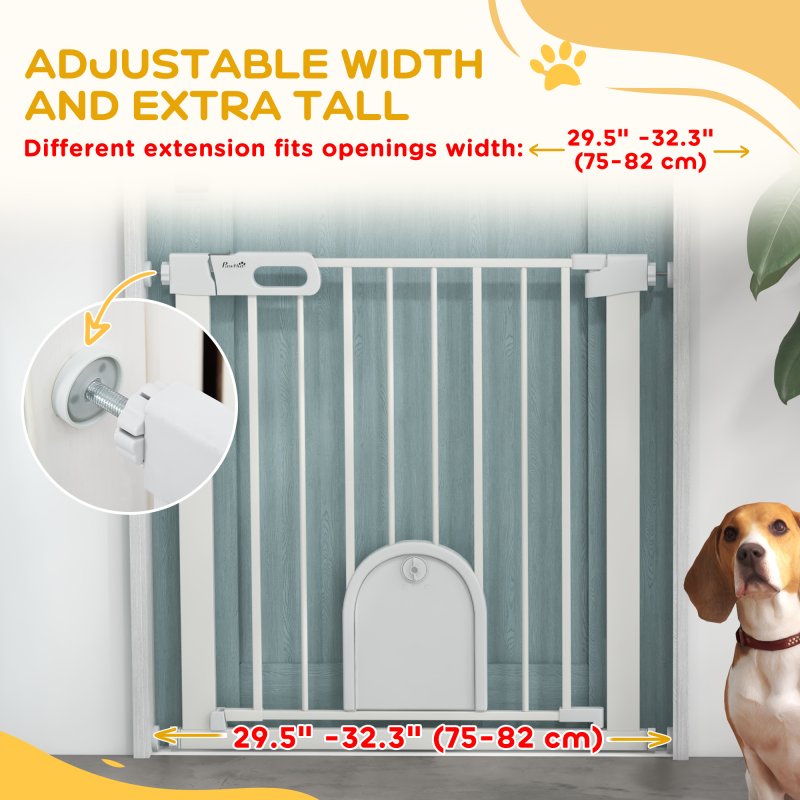 PawHut Dog Gate with Cat Flap Pet Safety Gate Barrier, Stair Pressure Fit, Auto Close, Double Locking, for Doorways, Hallways, 75-82 cm White