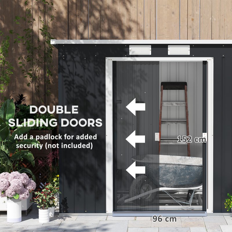 Outsunny 7 x 4ft Lean to Garden Shed with Foundation Kit, Double Door and Vents, Outdoor Metal Storage Shed for Equipment Tools, Dark Grey