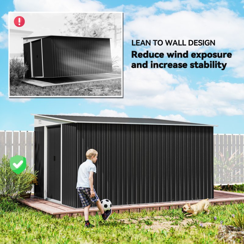Outsunny 11.3 x 9.2ft Lean to Metal Garden Shed, Outdoor Galvanised Tool Storage House with Double Sliding Doors and 2 Air Vents, Black