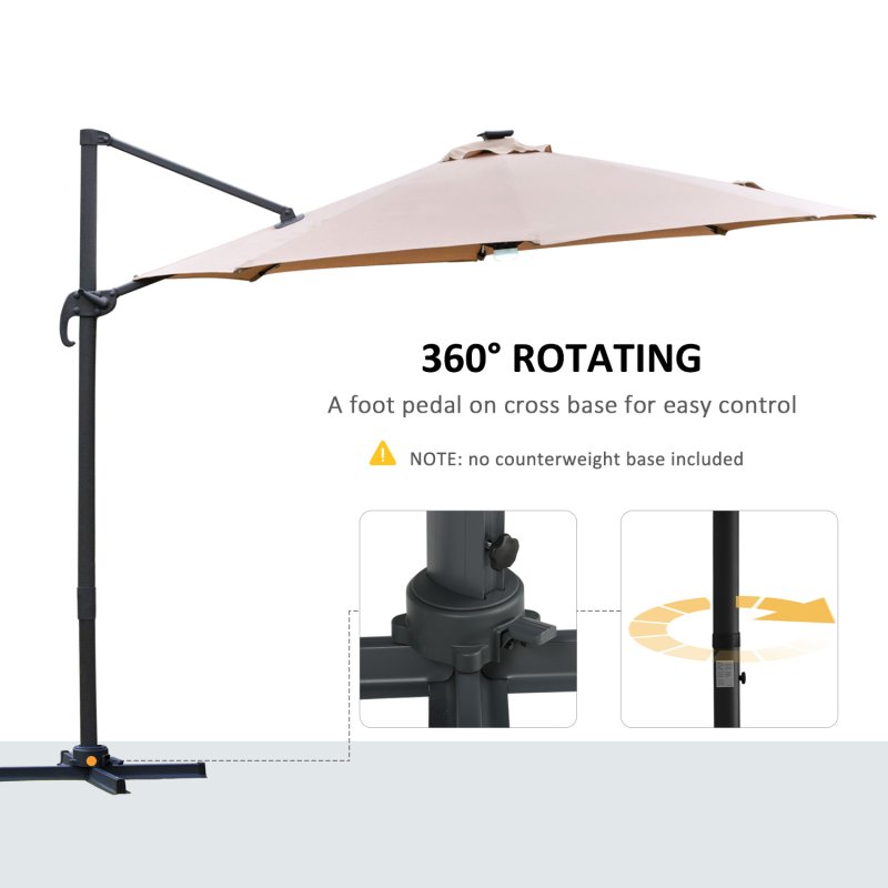 Outsunny 3(m) Cantilever Roma Parasol Garden Sun Umbrella Outdoor Patio with 360 Rotation Crank & Tilt Aluminium Frame LED Solar Light Cross Base, Brown