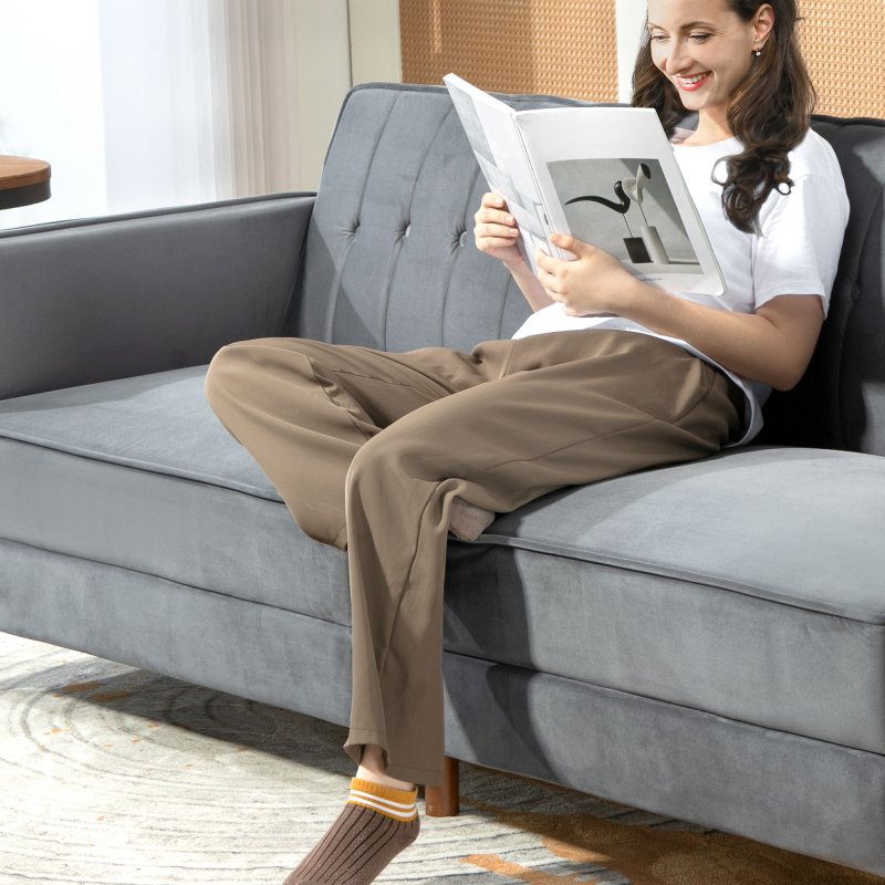 HOMCOM 3 Seater Velvet Sofa Bed, 189cm Click Clack Sofa Bed, Button Tufted Sleeper Couch with Split Reclining Backrest and Rubber Wood Legs
