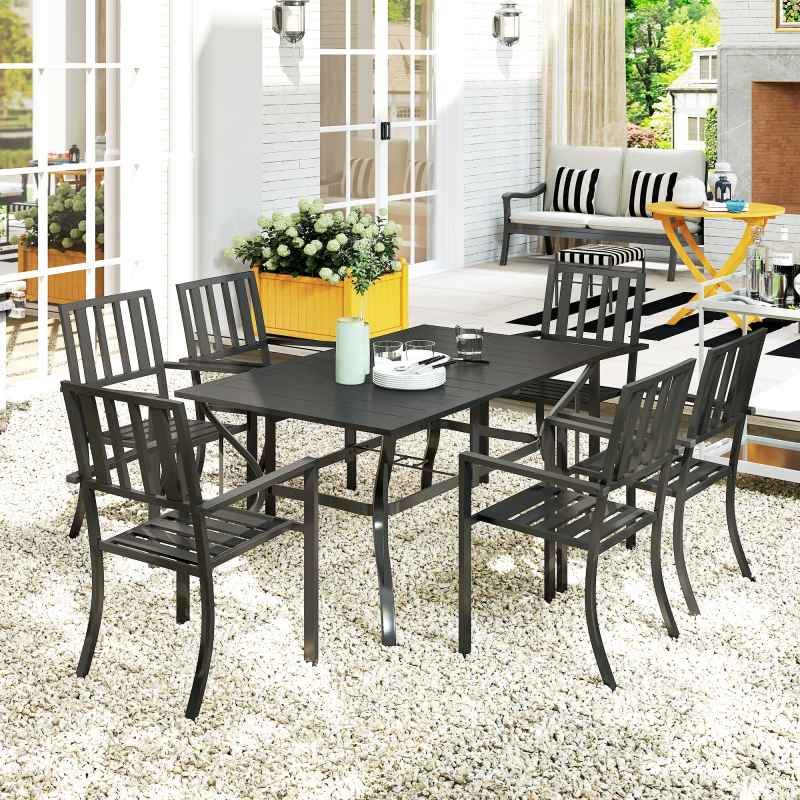Outsunny 7 Pieces Patio Dining Set, 6 Seater Outdoor Table and Stackable Chairs with Umbrella Hole, Galvanised Steel Frame, Space Saving, for Poolside, Garden, Black