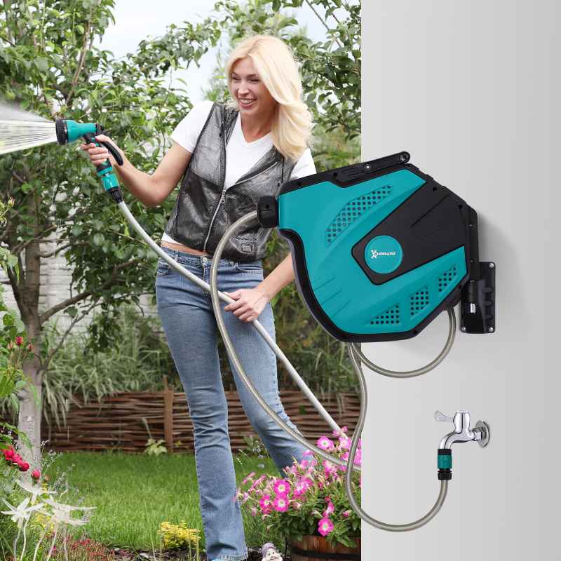 DURHAND 15m Garden Hose Reel Wall Mounted Auto Rewind with 7 Patterns Spray Nozzle, Includes Wall Fixings