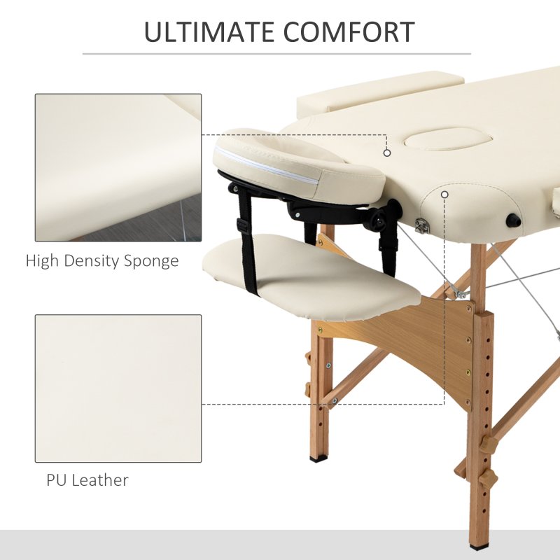 HOMCOM Portable Massage Bed, Folding Spa Beauty Massage Table with 2 Sections, Carry Bag and Wooden Frame, Cream White