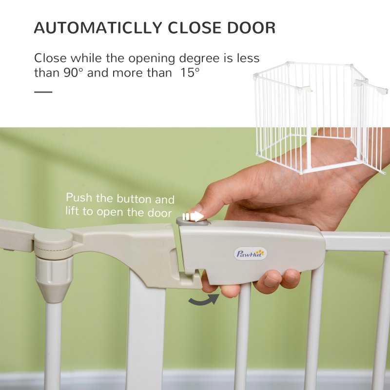 PawHut Pet Safety Gate, 5 Panels Playpen Fireplace, Metal Fence, Stair Barrier, Room Divider w/ Walk-Through Door - White