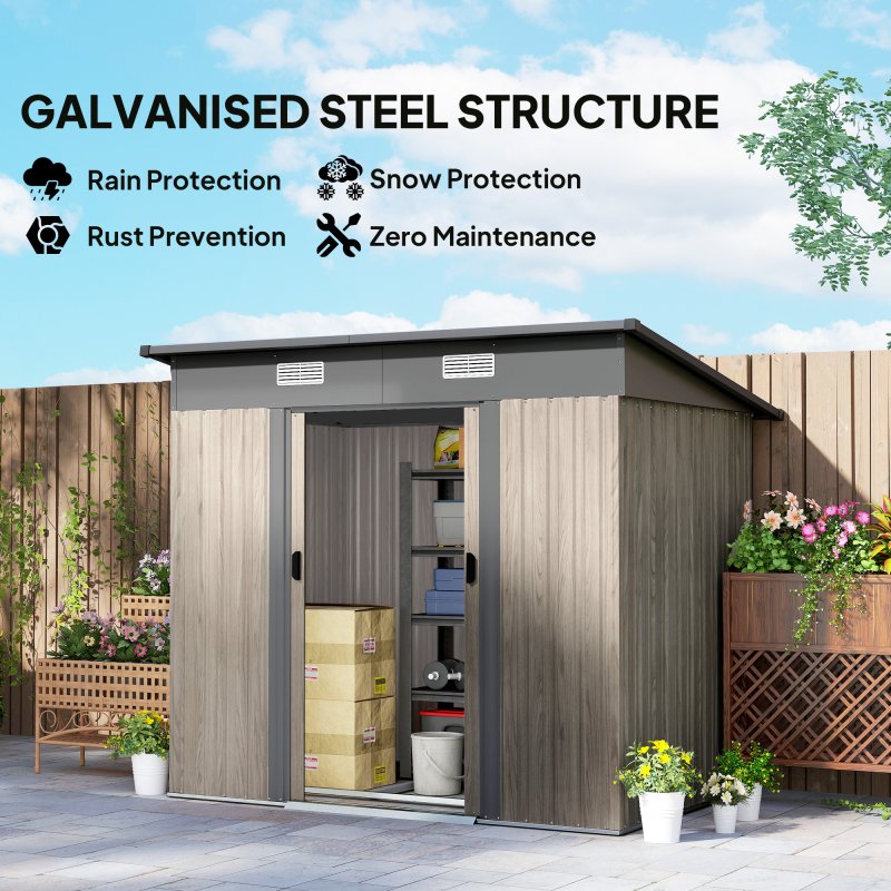 Outsunny 7 x 4ft Outdoor Garden Metal Storage Shed, Tool Storage Box for Patio, Grey Wood Grain