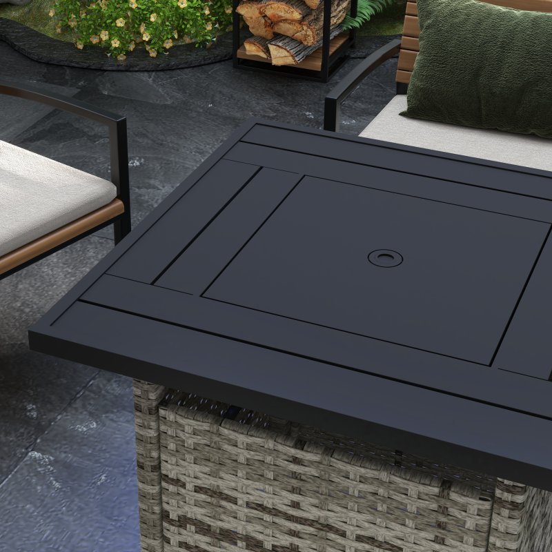 Outsunny Outdoor Rattan Gas Fire Pit Table, 50,000 BTU Square Garden Table with Fire Pit, Rain Cover, Wind Guard, Pulse-Ignition and Volcanic Rock, 72.5 x 72.5 x 67.5 cm, Grey