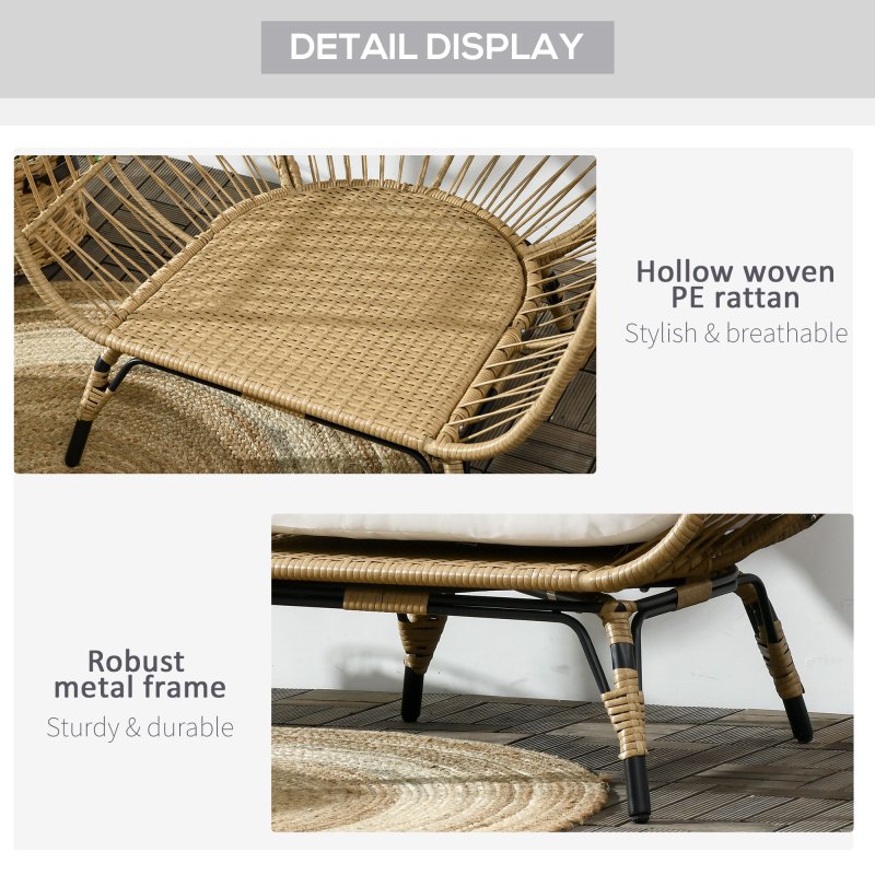 Outsunny Oversized Garden Egg Chair, Outdoor Wicker PE Rattan Chair with Thickened Padded Cushions and Pillows for Balcony, Porch, Khaki