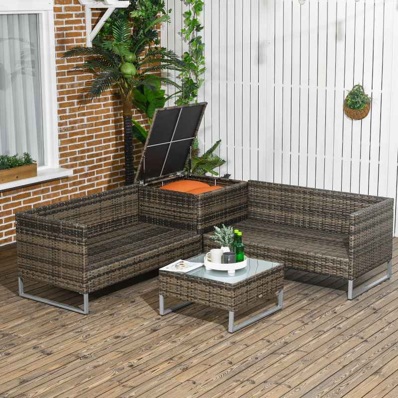 Outsunny 4 Seater Rattan Corner Sofa Set, Wicker Rattan Garden Furniture Set with Loveseats, Tables, Cushions for Outdoor, Patio, Orange