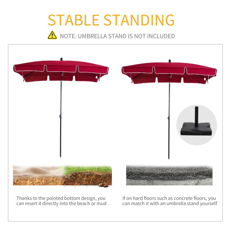 Outsunny 2 x 1.3m Garden Parasol Umbrella, Outdoor Market Table Umbrella with Ruffles & Aluminium Pole, Rectangular Tilting Parasol Sun Shade Canopy, Red