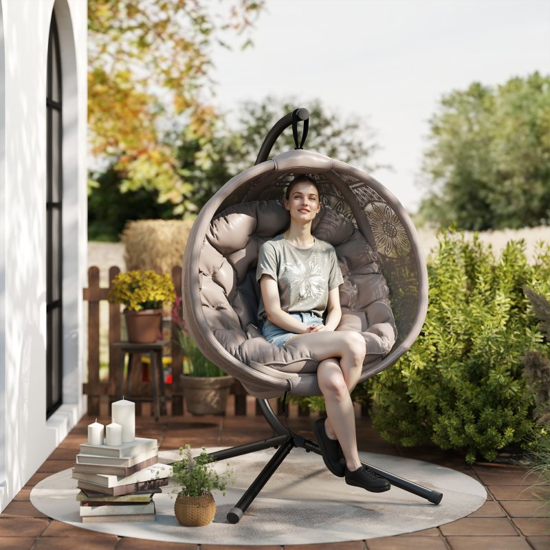 Outsunny Outdoor Hanging Chair, Swing Chair with Metal Stand, Thick Padded Cushion, Foldable Basket and Side Pocket, for Indoor and Outdoor, Sand