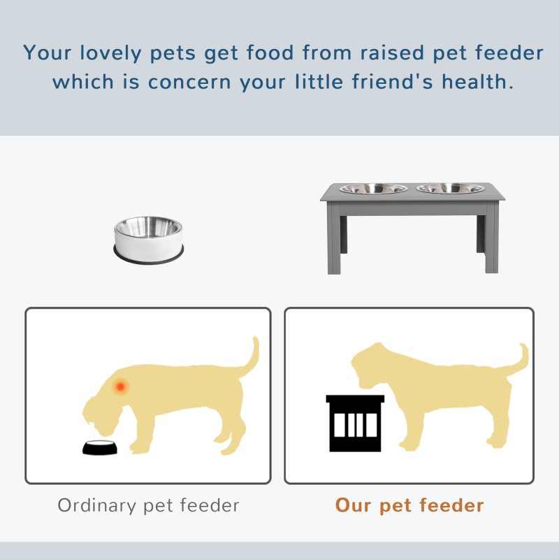PawHut Raised Dog Bowl Feeding Bowls with Stand for Medium Dogs Elevated Pet Bowls Water Food Feeder 58L x 31W x 25H cm - Grey