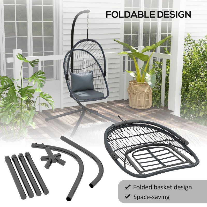 Outsunny Outdoor PE Rattan Swing Chair with Cushion, Foldable Basket Patio Hanging Chair with Metal Stand, 360 degree Rotation Spring Hook, Basket Height Adjust with Metal Chain, Grey