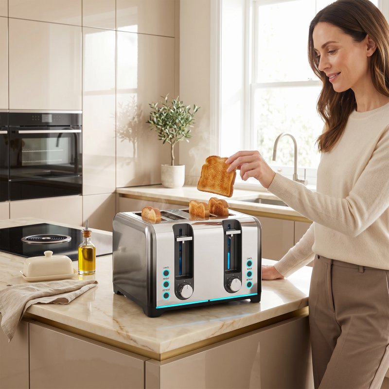 HOMCOM 4 Slice Toaster with 7 Browning Levels, Reheat, Defrost and Cancel Functions, Self-Centring Slots, Auto Shut-Off, Removable Crumb Tray, 1860W, Black