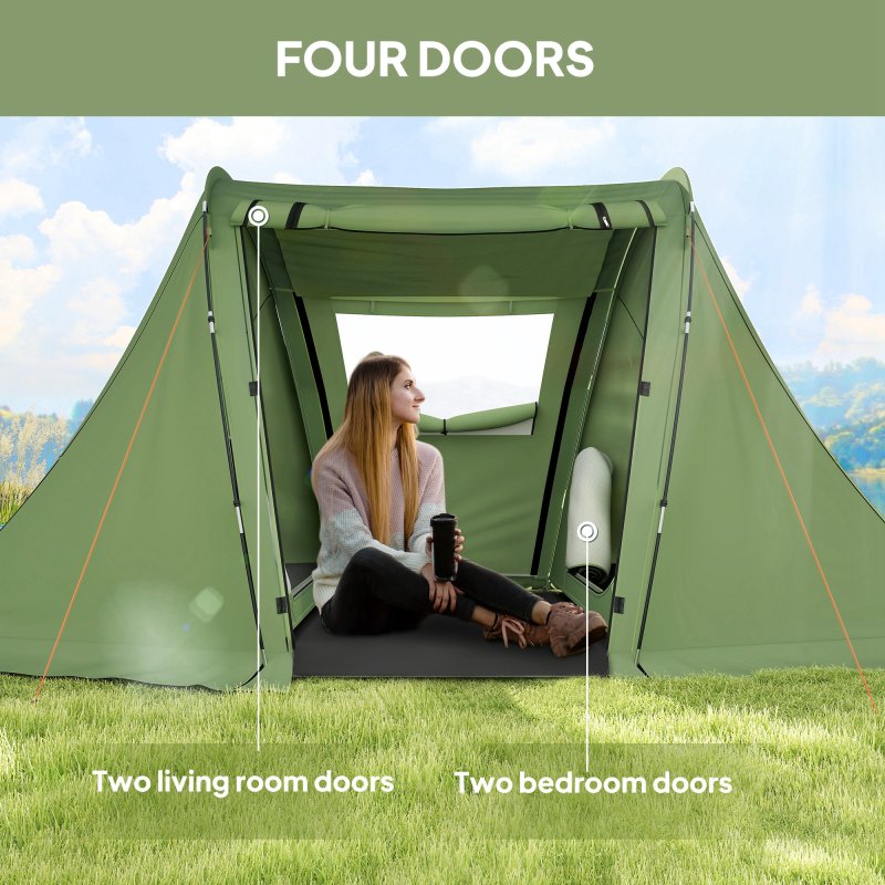 Outsunny 3 Man Camping Tent with Living Area and 2 Bedrooms, 3000mm Waterproof Family Tent with Sewn-in Groundsheet and bag, Portable Dome Shelter  for Hiking, Festival, Backpacking, Green