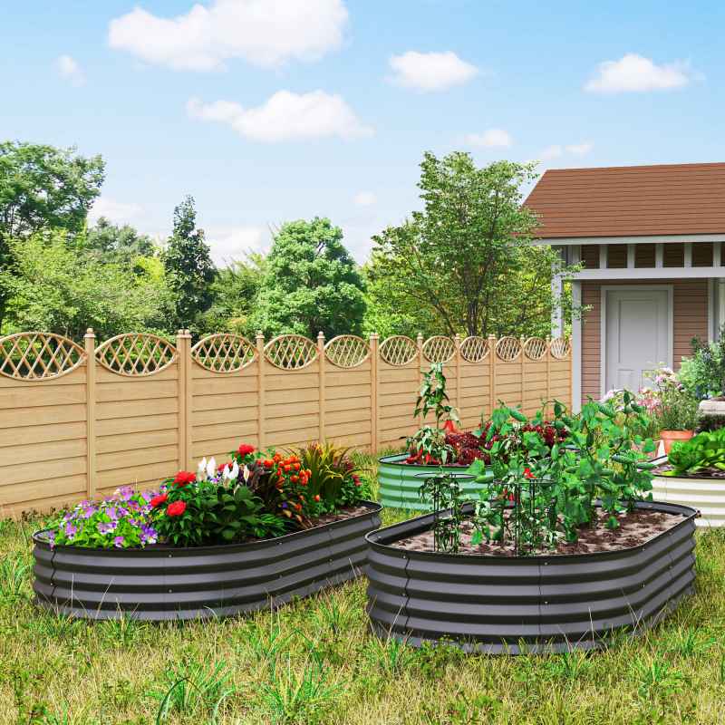 Outsunny Set of 2 Raised Beds for Garden, Outdoor Galvanised Planter Box with Plant Support Stakes, Rubber Strap Edging and Bottomless for Flower, Vegetable, 181 x 93 x 30 cm, Dark Grey