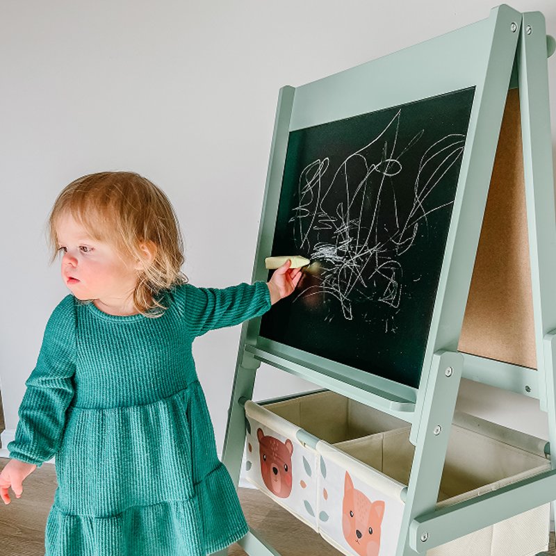 AIYAPLAY Kids Easel with Paper Roll, 3 in 1 Art Easel for Children, with Blackboard, Whiteboard, Storage Baskets, Green
