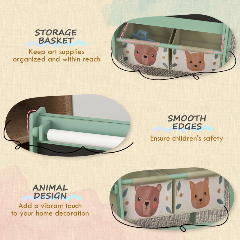 AIYAPLAY Kids Easel with Paper Roll, 3 in 1 Art Easel for Children, with Blackboard, Whiteboard, Storage Baskets, Green